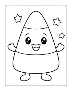 A smiling candy corn character with little arms and feet, surrounded by stars