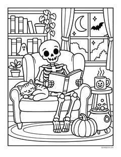A skeleton reading a book in an armchair next to a sleeping cat, with bookshelves, a cauldron, a pumpkin and a window showing a bat and the moon
