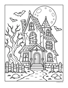 A crooked two-story haunted house with boarded-up windows, a stone chimney, a bare tree, bats, a full moon and a picket fence