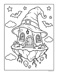 A little stone house under a giant witch hat, sitting on a floating island with roots and rocks hanging below, clouds, bats and stars