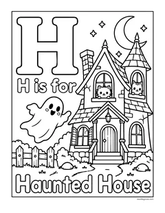 A large outlined letter H with the words H is for Haunted House, a smiling ghost and a house with two kittens peeking out of the windows