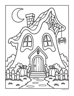 A cottage with a wavy roof and a big spider web in the corner, a smiling spider, a crescent moon, a picket fence and two pumpkins