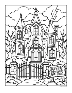 A gothic mansion with three towers behind an iron gate and stone pillars, a Do Not Enter sign, a lightning bolt and storm clouds