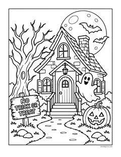 A cottage with a wooden sign saying No Trick or Treat, a ghost floating by the door, a jack-o'-lantern, bats and a full moon