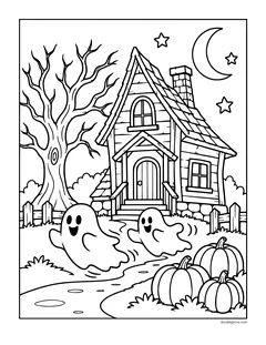 A wooden cabin under a bare tree with two smiling ghosts floating down the path, three pumpkins, a crescent moon and stars