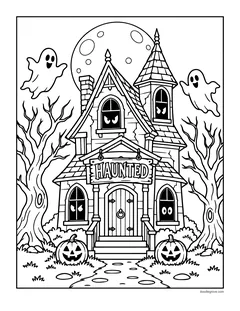 A house with a Haunted sign over the porch, glowing eyes in the dark windows, three ghosts, bare trees, a full moon and two jack-o'-lanterns