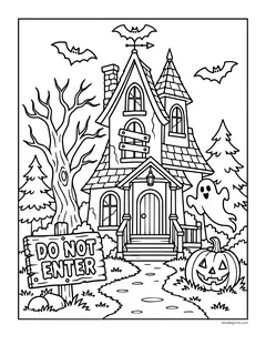 A tall haunted house with a boarded window, a Do Not Enter sign, a ghost, a jack-o'-lantern, a weathervane, bats and pine trees