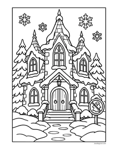 A haunted mansion covered in snow, with snowflakes, pine trees and a No Ghosts sign by the steps