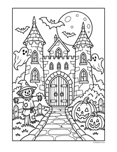 A stone castle with two towers and a big wooden door, two ghosts, a scarecrow in a witch hat, jack-o'-lanterns, bats and a full moon