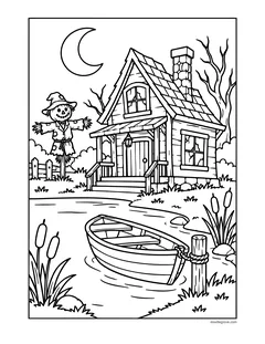 A wooden cabin beside a pond with a rowboat tied to a post, cattails, a scarecrow, bare trees and a crescent moon