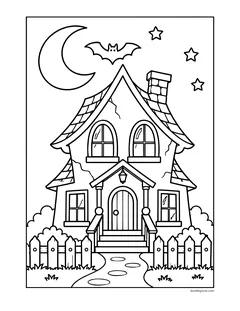 A small cottage with a curved roof, arched windows and a picket fence under a crescent moon with a bat and stars