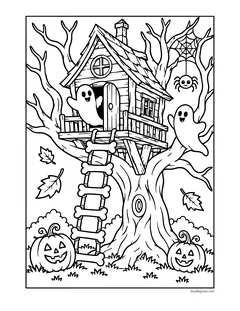 A tree house in a bare tree with a ladder made of bones, two ghosts, a hanging spider, falling leaves and two jack-o'-lanterns