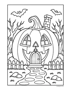 A house built inside a giant jack-o'-lantern whose eyes are windows and whose mouth holds the front door, with bats, bare trees and a stone path