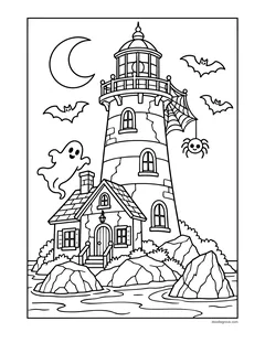 A lighthouse on rocks by the sea with a small cottage at its base, a ghost, a spider on a web, bats and a crescent moon