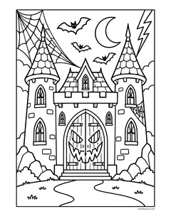 A stone castle with two pointed towers and a wooden door carved with an angry face, spider webs, bats, a lightning bolt and a crescent moon