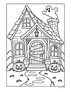 A house with planks nailed across the front door, cobwebs in the windows, a ghost on the chimney and two jack-o'-lanterns on the steps