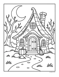 A little stone cottage with a curled pointy roof, a round window, a broom leaning by the door, a pumpkin on the step, bare trees and a crescent moon