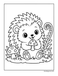 A big-eyed hedgehog sitting and holding a spotted mushroom, with more spotted mushrooms, a curled fern and grass