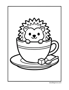 A hedgehog peeking over the rim of a teacup on a saucer, with a sugar cube and a spoon