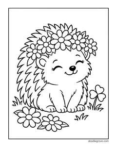 A smiling hedgehog with closed eyes wearing a crown of flowers, sitting among flowers, a clover and grass