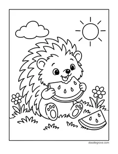 A hedgehog sitting on the grass and eating a slice of watermelon, with another slice beside it, flowers, a cloud and the sun
