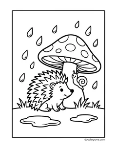 A hedgehog sheltering from the rain under a big spotted mushroom with a snail on its stem, with raindrops and two puddles