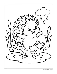 A hedgehog in rain boots splashing in a puddle with its arms out, with cattails, a rain cloud and raindrops