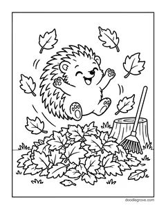 A laughing hedgehog jumping into a pile of maple leaves, with leaves flying around it and a rake leaning on a tree stump