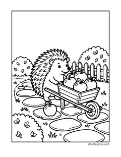 A hedgehog pushing a wooden wheelbarrow full of apples along a stone path, with one apple on the ground, bushes and a picket fence