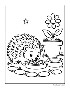 A hedgehog eating from a food bowl beside a water bowl, with a big flower in a pot, stepping stones and a star