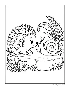 A hedgehog touching noses with a snail on a flat rock, with clover, a fern and a leaf with a dewdrop
