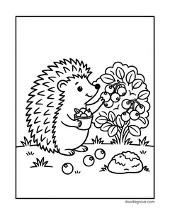 A hedgehog picking berries from a bush and holding a small bucket of them, with berries on the ground and a rock