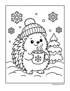 A hedgehog in a knit pom-pom hat holding a steaming mug with a snowflake on it, with snowflakes, a snowy pine tree and snow drifts