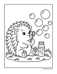 A hedgehog sitting on the grass and blowing bubbles with a wand, next to a bottle of bubble mix