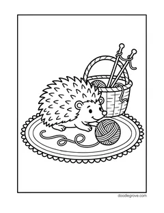 A hedgehog on a round rug with a ball of yarn, next to a basket holding yarn and knitting needles