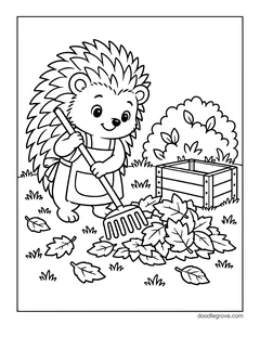 A hedgehog in an apron raking maple leaves into a pile, with a wooden crate, a bush and leaves on the grass