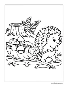 A hedgehog pulling a big leaf loaded with mushrooms along a stone path, with a tree stump and ferns