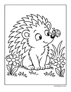 A sitting hedgehog looking at a ladybug that has landed on its nose, with two flowers and grass