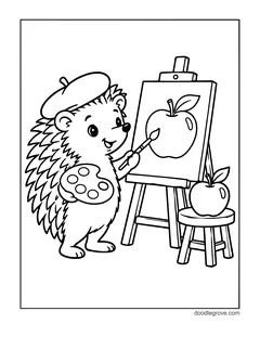 A hedgehog in a beret holding a palette and painting an apple on an easel, with a real apple on a stool beside it