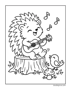 A hedgehog sitting on a tree stump singing and playing a small guitar, with music notes, a little bird and a spotted mushroom