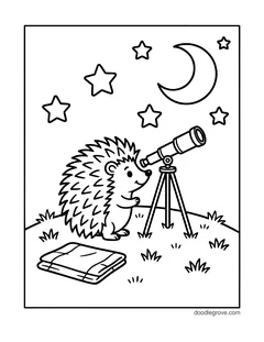 A hedgehog on a hill looking through a telescope on a tripod, under a crescent moon and stars, with a folded blanket on the grass