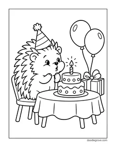 A hedgehog in a party hat blowing out the candle on a birthday cake on a table, with two balloons and a present
