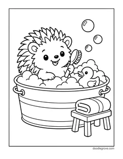 A hedgehog in a washtub full of soap bubbles holding a scrub brush, with a rubber duck in the tub and a folded towel on a stool
