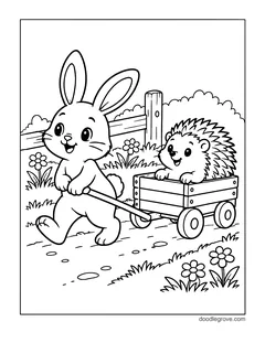 A bunny pulling a hedgehog in a wooden wagon along a path, with a fence, flowers and bushes