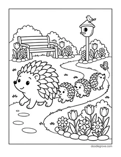 A mother hedgehog leading three babies along a garden path, with a bench, a birdhouse with a bird on top, a butterfly, tulips and daisies