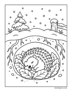 A hedgehog asleep in a nest of leaves inside an underground burrow, with tree roots around it and snow, a pine tree and a fence post above