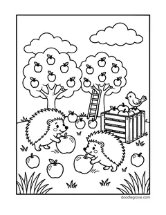Two hedgehogs gathering apples under two apple trees, with a ladder, a crate of apples with a bird on top, apples in the grass and clouds