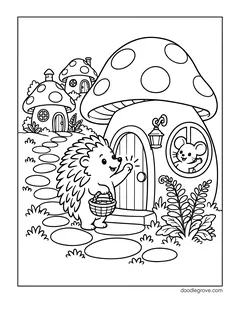 A hedgehog with a basket knocking on the door of a mushroom house while a mouse waves from the round window, with two smaller mushroom houses, a stone path and ferns