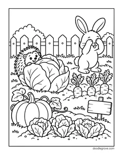 A hedgehog hiding behind a big cabbage while a bunny covers its eyes, in a vegetable garden with a pumpkin, carrots, cabbages, a blank sign and a picket fence