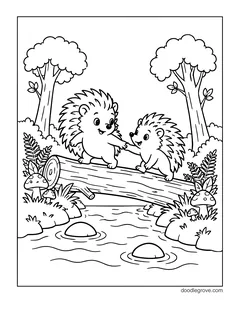 Two hedgehogs crossing a log bridge over a stream, one reaching back to help the other, with trees, ferns, mushrooms and stones in the water
